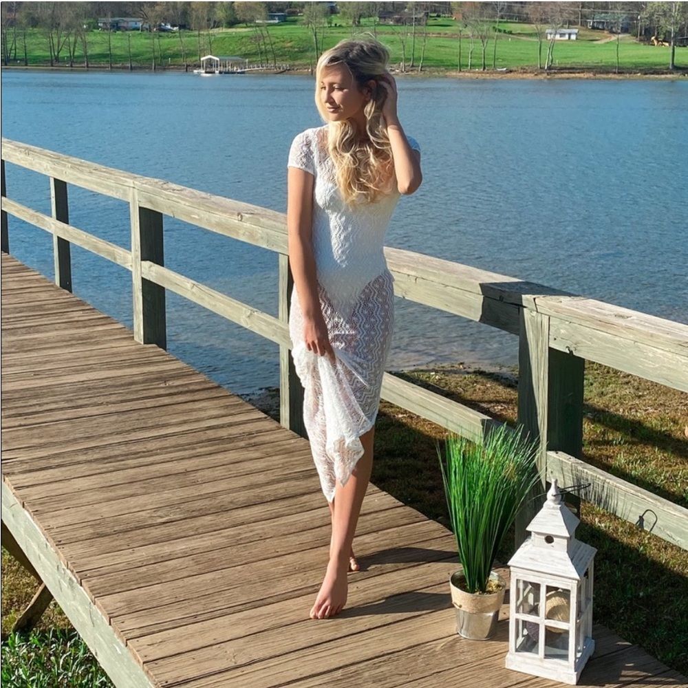 Lovers + Friends | Crochet‎ White Long Beach Pool Cover Up Dress Large